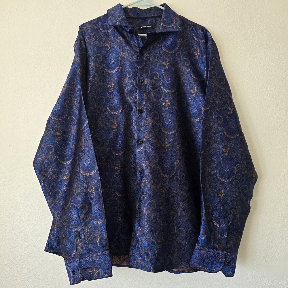 Barry Wang Men's 3XL Blue Paisley Long Sleeve Button Down‎ Dress Shirt Jacquard